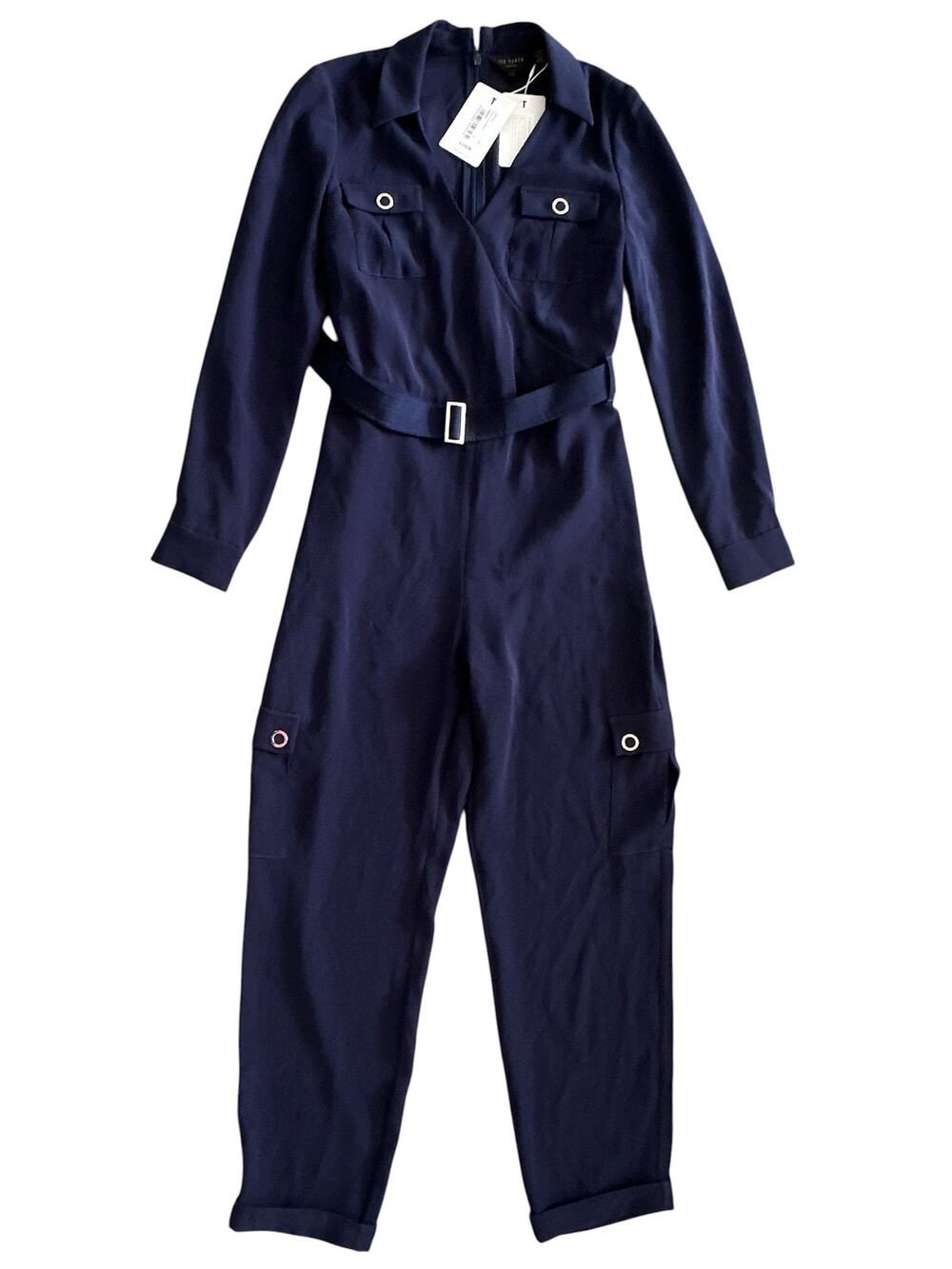 Ted Baker London Flan Utility Jumpsuit Navy Belted Cargo Pockets Women US 4